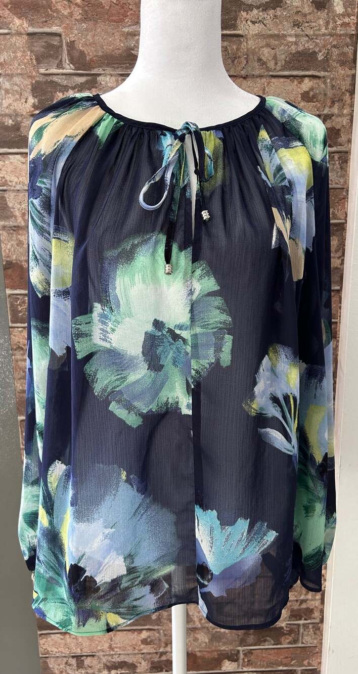 Chico's Navy Blue Abstract Floral Sheer Peasant Blouse Size 2